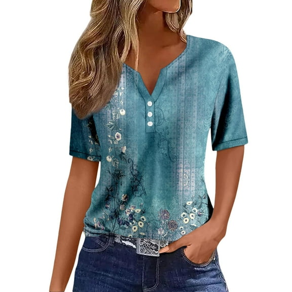 Women's Tops Neck Buttons Short Sleeve Dressy Blouses Geometric Print Shirts for Women Sky Blue