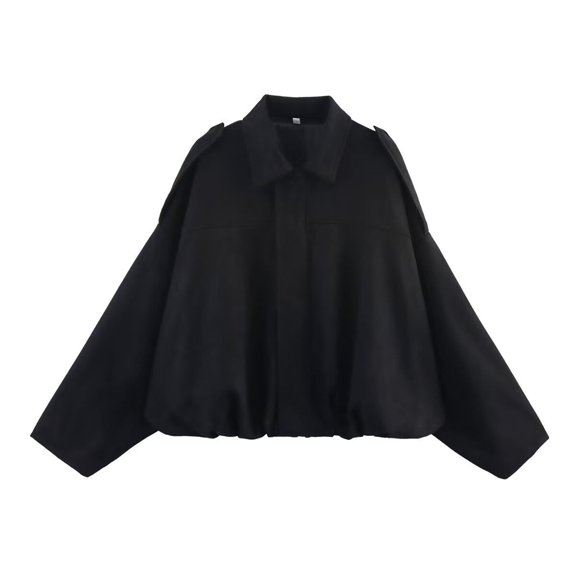 Women's Suede Bomber Jacket Notched Lapel Cropped Style, Loose Moto Design, Oversized Long Sleeves, Casual Streetwear Black