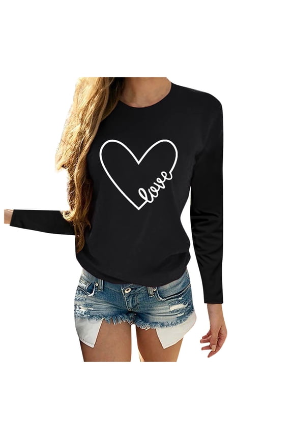 Women's Tops O Neck Casual Letter Print Long Sleeve Heart-shaped Women's Blouse