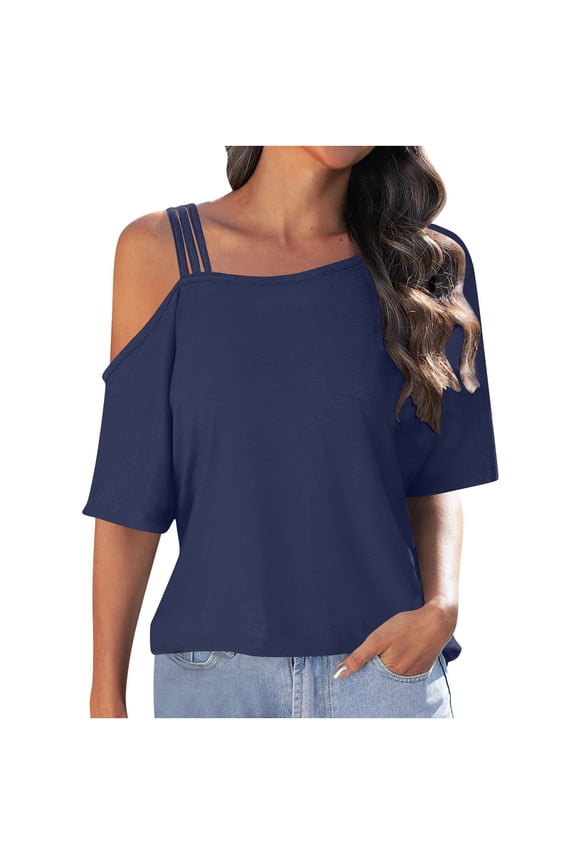 Women's Tops One Shoulder Summer Short Sleeve T-Shirt 2025 Spaghetti Strap Asymmetric Neck Casual Tops Tees