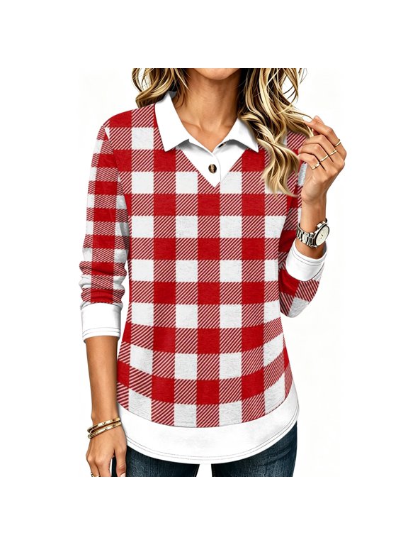 Women's Tops Plaid Loose Fit Long Sleeve Henley Fake Two Piece Casual Lightweight Breathable Spring Fall Blouse, M