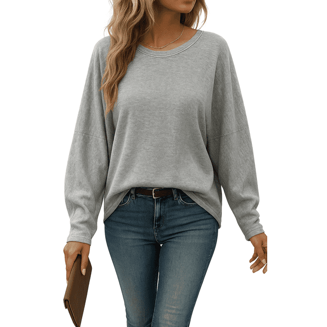SOMER Womens Blouses Casual Loose Fit Tops Oversized Long Sleeve Round Neck Drop Shoulder High-Low Tshirts Trendy,2025 Fall
