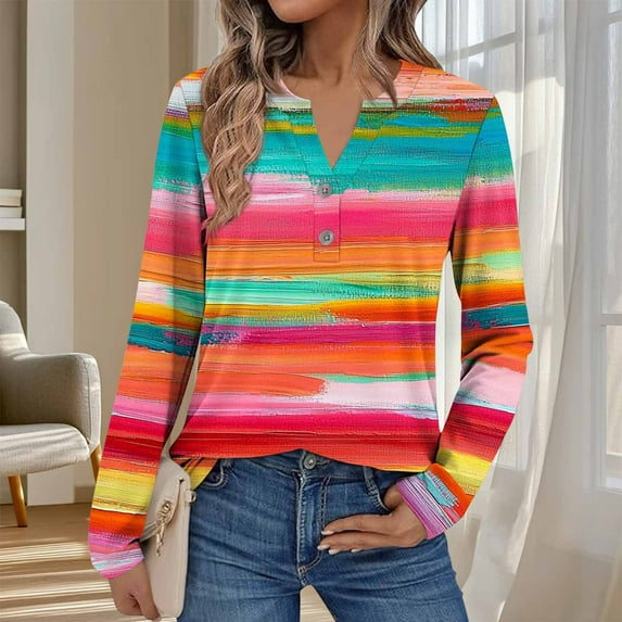 Women's Tops Plus Size 3X Long Sleeve Casual Printed V-Neck Long Sleeve T-shirt Blouse Zipper Tops