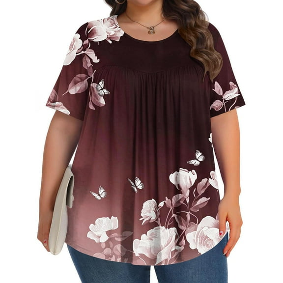 Women's Tops Plus Size 4X Under $10 Printed Plus Size Short Sleeve Solid Ladies Round Neck Fold Blouse
