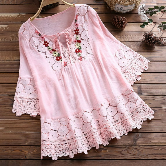 Women's Tops Plus Size Vintage Lace Patchwork Bow V-Neck Three Quarter Blouses T-Shirt Summer Clearance