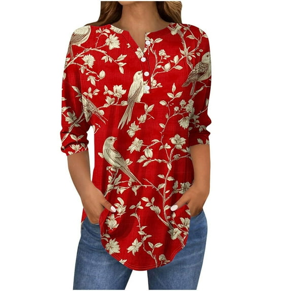 Women's Tops Printing Blouses 3/4 Sleeved Button Round Neck Fashionable Top Summer Tops For Women