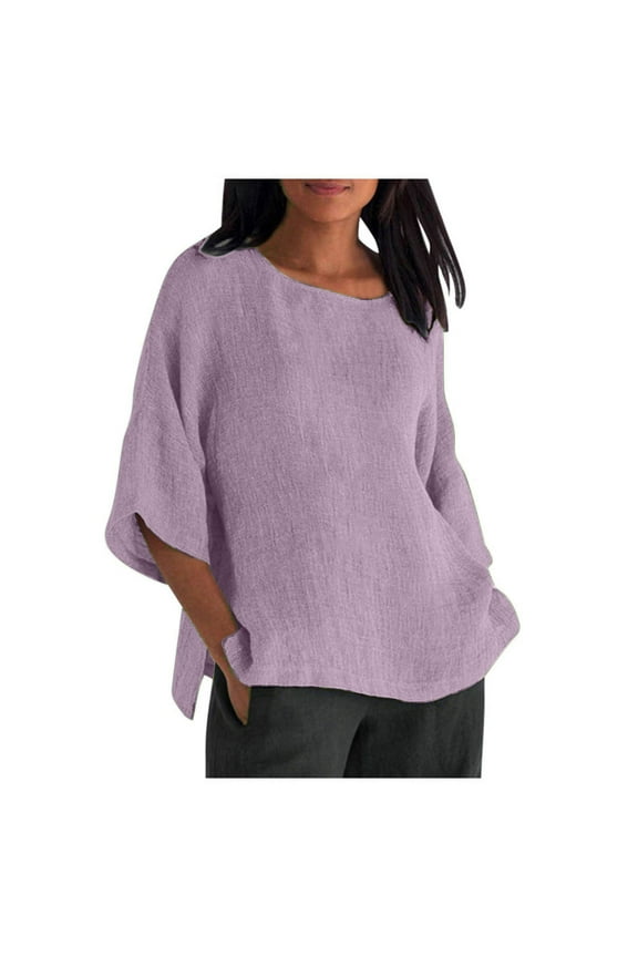 Women's Tops Round Neck Short Sleeve Casual Loose Fit Solid Color Blouse for Women Daily Wear Home Comfort Machine Washable Apparel