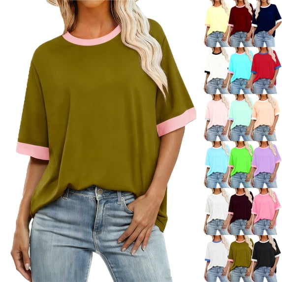 Women's Tops Round Neck Short Sleeve Patchwork Color Spring/Summer Base Layer T-Shirt Plus Size Available Shirts for Women