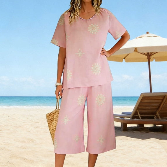 Women's Tops Set Vacation Home Linen Printing Short Sleeves And Trousers