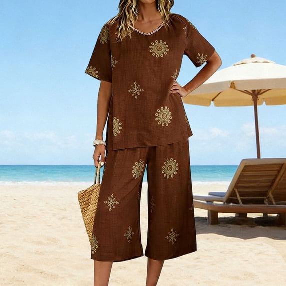 Women's Tops Set Vacation Home Linen Printing Short Sleeves And Trousers