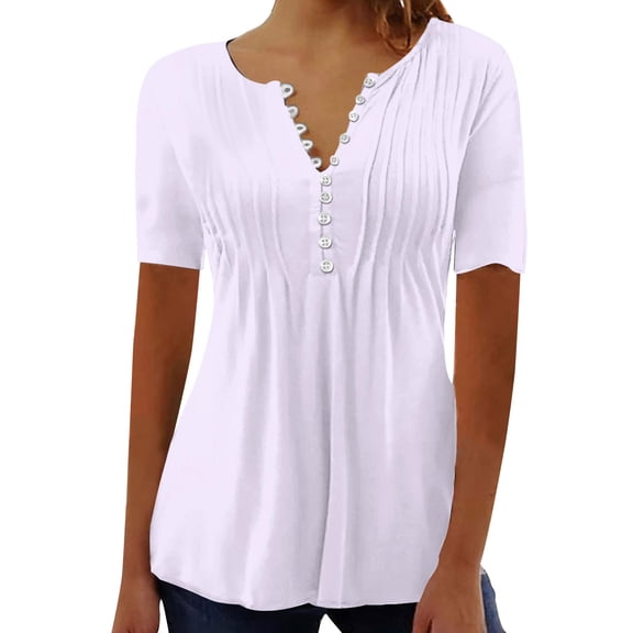 Women's Tops Sevevn Women's Fashion Casual Round Neck Pleated Solid Color Button Top Blouse T-Shirts For Women
