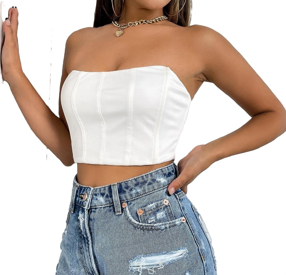 d❃♪Women Sexy Casual Strapless Solid Plain Push-up Crop tops