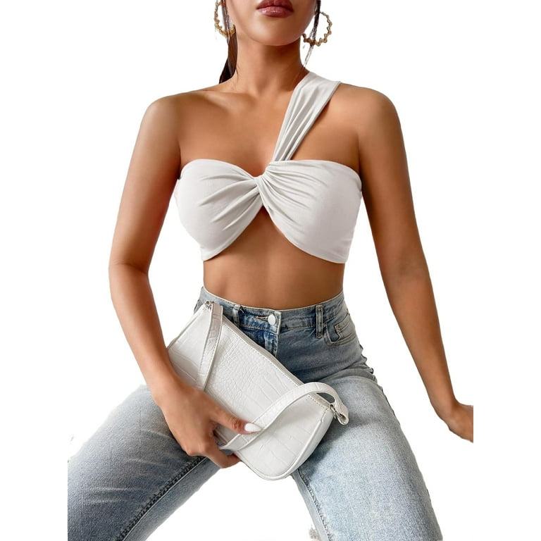 Women s Tops Sexy Solid One Shoulder White M Walmart