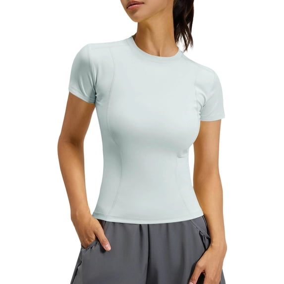 Women's Tops Short Sleeve Compression Shirt Athletic Gym T Shirt Fitted Crew Neck Basic Tee Workout for Yoga Running Sky Blue