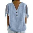thumbnail image 1 of ZQUUVOU Women's Tops Short Sleeve Cotton Linen Solid Color V Neck T-Shirt Loose Top Light Blue, 1 of 6