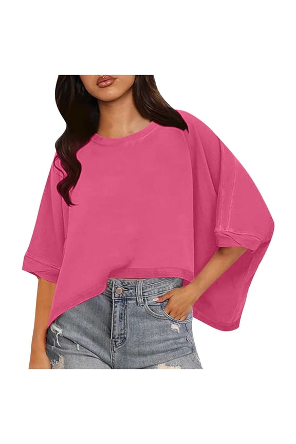 Women's Tops Short Sleeve Crewneck Drop Shoulder Boxy T Shirts Summer Casual Solid Basic Tees, Cotton T Shirts Boxy Crewneck Loose Fit Short Sleeve Tee Summer Clothes
