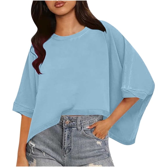 Women's Tops Short Sleeve Crewneck Drop Shoulder Boxy T Shirts Summer Casual Solid Basic Tees, Cotton T Shirts Boxy Crewneck Loose Fit Short Sleeve Tee Summer Clothes