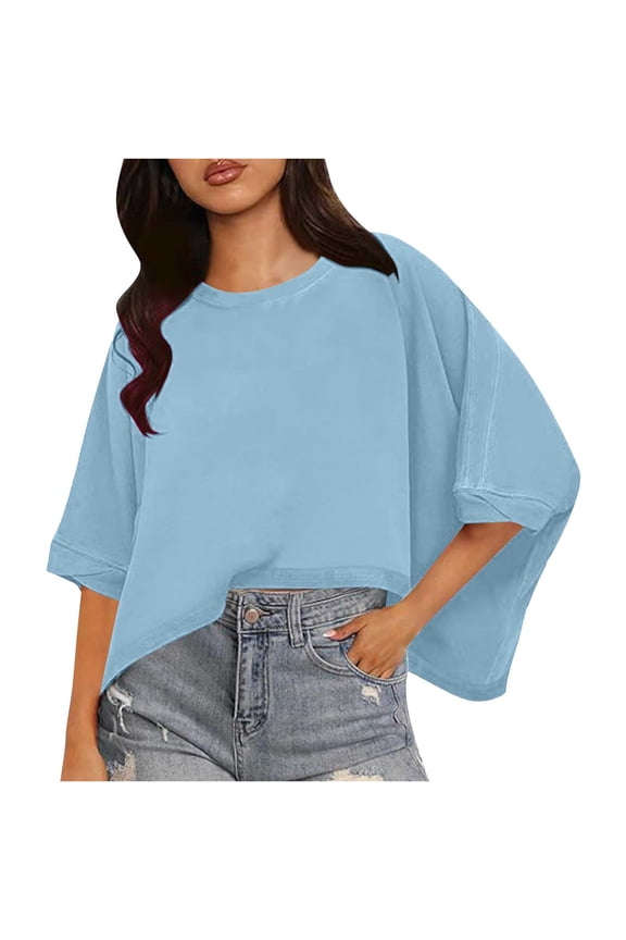 Women's Tops Short Sleeve Crewneck Drop Shoulder Boxy T Shirts Summer Casual Solid Basic Tees, Cotton T Shirts Boxy Crewneck Loose Fit Short Sleeve Tee Summer Clothes