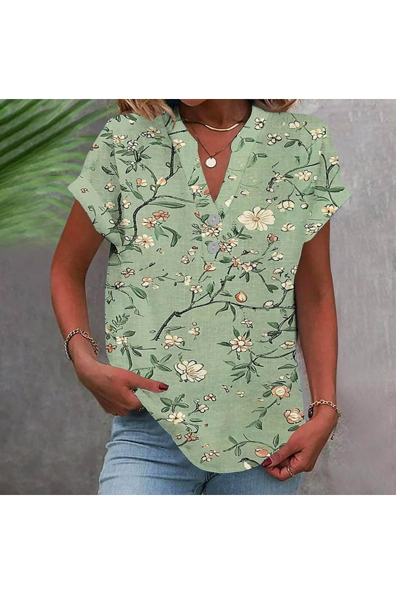 Women's Tops Short Sleeve Summer Under $10 Casual Printed Short Sleeve Button Home V-Neck T-shirt Blouses