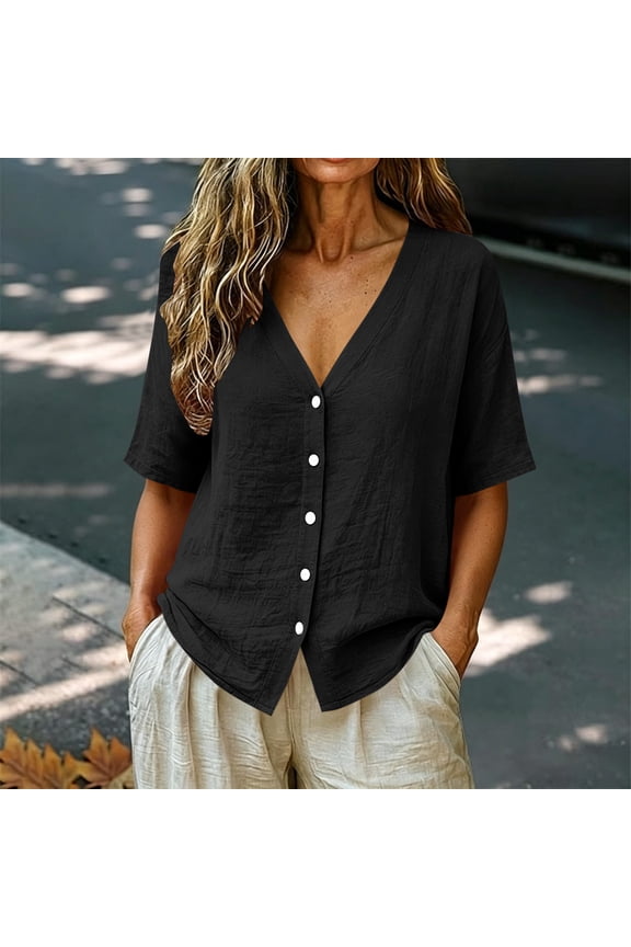 Women's Tops Short Sleeve Summer Plus Size Casual Solid V-Neck Button Cardigan Top