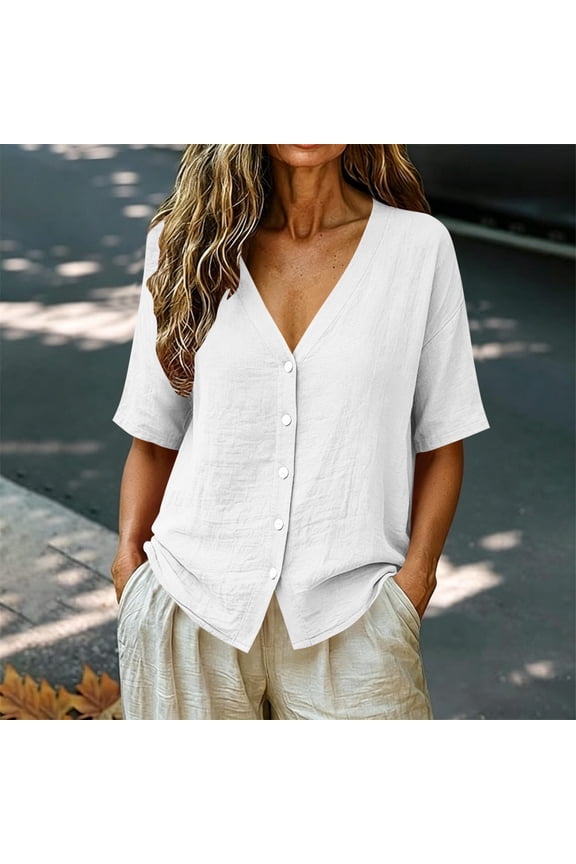 Women's Tops Short Sleeve Summer Plus Size Casual Solid V-Neck Button Cardigan Top