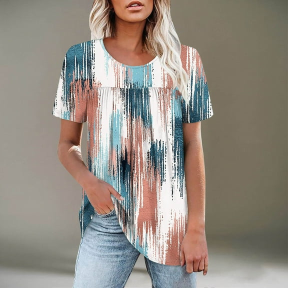Women's Tops Short Sleeve T-Shirts Pleated Dressy Casual Round Neck Summer Clothes, Printed Loose Fit Blouse, Stylish and Comfortable Top, Limited Time Off