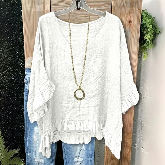 Women's Tops Short Sleeve V-Neck Plus Size Loose Ruffle Hem Cuffs Tee Top