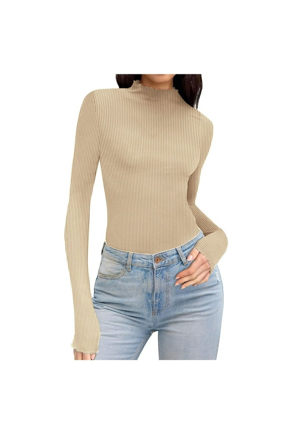 Women's Tops Slim Fit Long Sleeve High Neck Trendy Rib-Knit Y2K Tee Shirts Casual Solid Color Tshirts T-shirt (S, Beige)