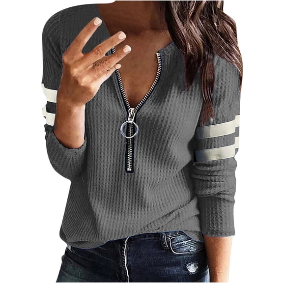 Women's Tops Solid Color V-neck Stripe Knitted Zipper Slim Long Sleeve Blouse