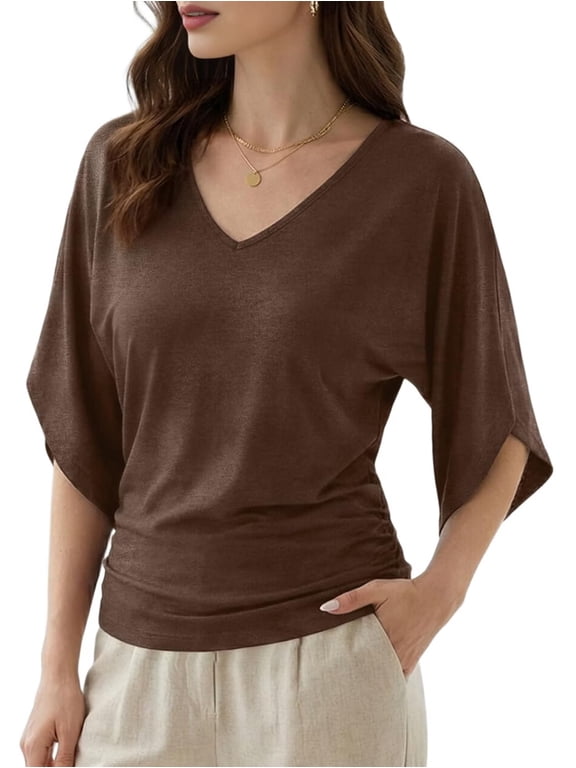 Women's Tops Spring Summer Dressy Casual V Neck 3/4 Batwing Sleeve Ruched T-Shirt Business Blouses Dark Brown XL