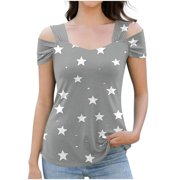 Women's Tops Square Neck Short Sleeve Floral Cold off Shoulder Summer Casual Shirts Loose Tunic Tee Blouses (S, Gray)