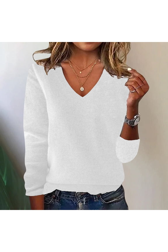 Women's Tops Stretchy Pullover Casual Slimming Solid Color V-Neck Knitted Sweater Long Sleeve Classic Soft Elegant Lightweight Trendy Shirts
