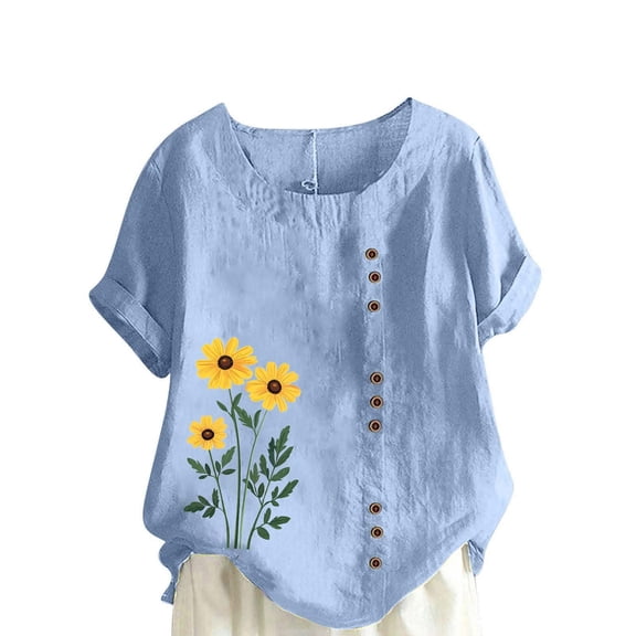 Women's Tops Summer Casual Crew Neck Flower Printed Button Short Sleeve Blouses Loose Fit Trendy Basic Shirts (4XL, Light Blue 1)