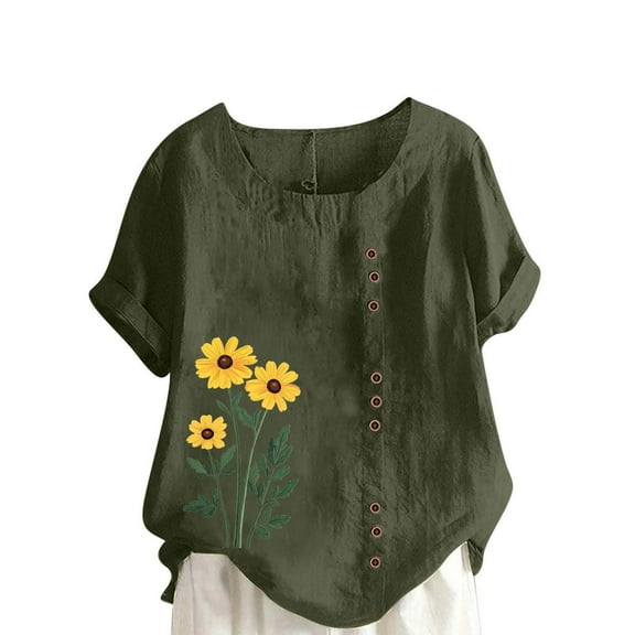 Women's Tops Summer Casual Crew Neck Flower Printed Button Short Sleeve Blouses Loose Fit Trendy Basic Shirts (S, Army Green 1)
