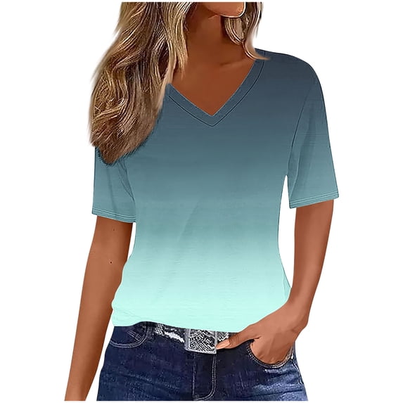 Women's Tops Summer Casual V Neck Short Sleeve Tunic Shirts Loose Gradient Color Soft Comfortable Tee (M, Army Green)