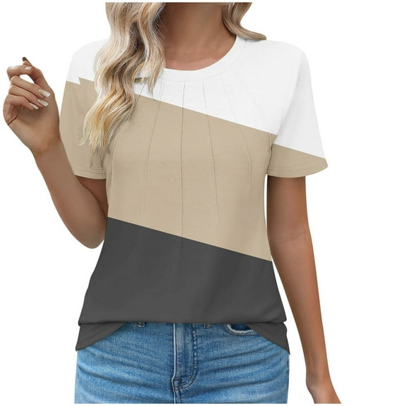 Women's Tops Summer Crew Neck Color Block Pleated Short Sleeve Tunic Shirts Casual Loose Soft Comfortable Blouses (3XL, Khaki)