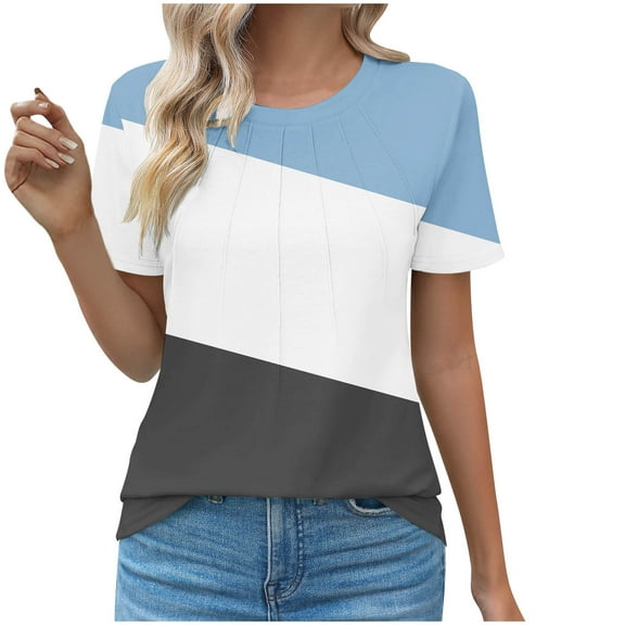 Women's Tops Summer Crew Neck Color Block Pleated Short Sleeve Tunic Shirts Casual Loose Soft Comfortable Blouses (3XL, Sky Blue 1)