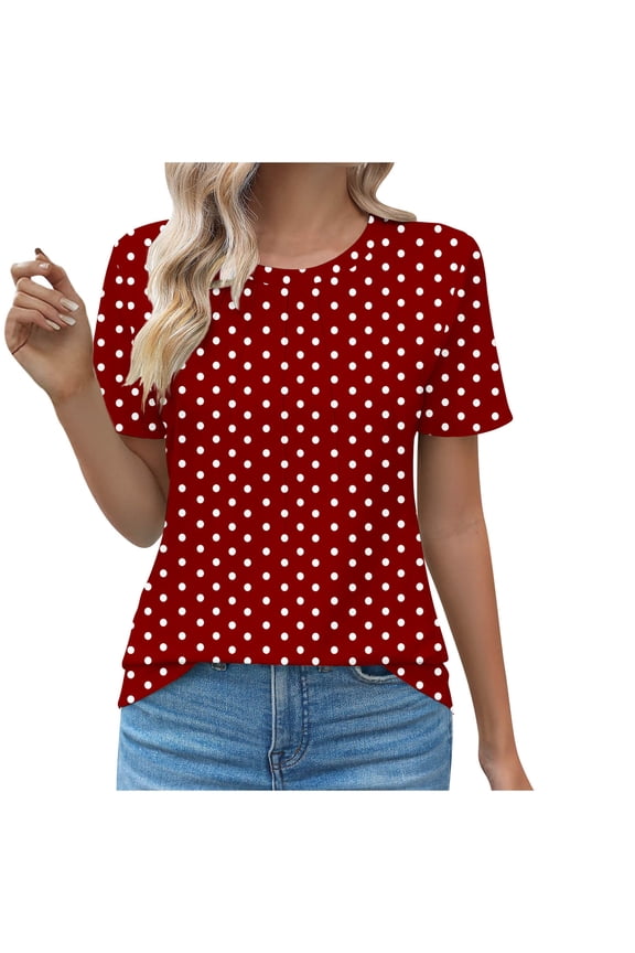 Women's Tops Summer Crew Neck Polka Dots Pleated Short Sleeve Tunic Shirts Casual Loose Soft Comfortable Blouses (L, Red 1)