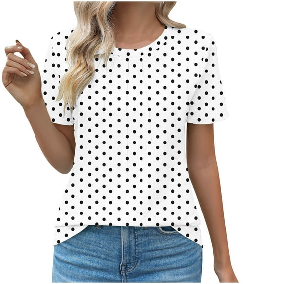 Women's Tops Summer Crew Neck Polka Dots Pleated Short Sleeve Tunic Shirts Casual Loose Soft Comfortable Blouses (M, White)