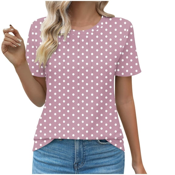 Women's Tops Summer Crew Neck Polka Dots Pleated Short Sleeve Tunic Shirts Casual Loose Soft Comfortable Blouses (S, Pink 2)