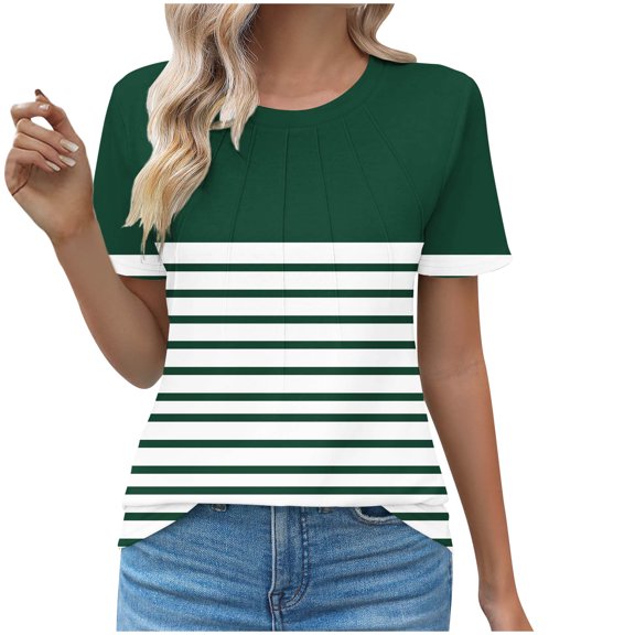 Women's Tops Summer Crew Neck Striped Pleated Short Sleeve Tunic Shirts Casual Loose Soft Comfortable Blouses (2XL, Green)