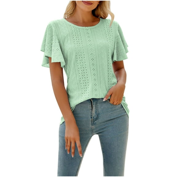 Women's Tops Summer Eyelet Crew Neck Ruffle Short Sleeve Shirts Casual Solid Color Loose Tunic Blouses (L, Mint Green)