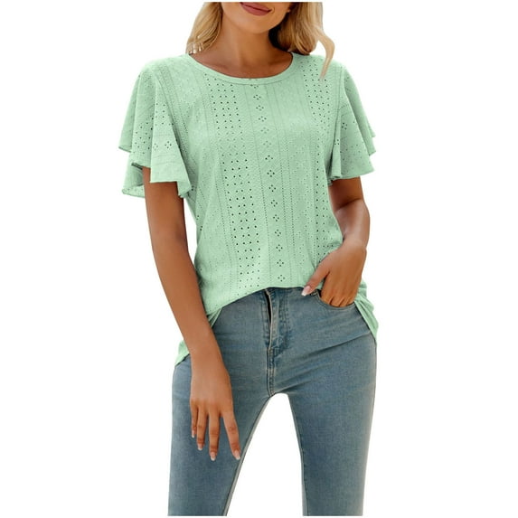 Women's Tops Summer Eyelet Crew Neck Ruffle Short Sleeve Shirts Casual Solid Color Loose Tunic Blouses (S, Mint Green)