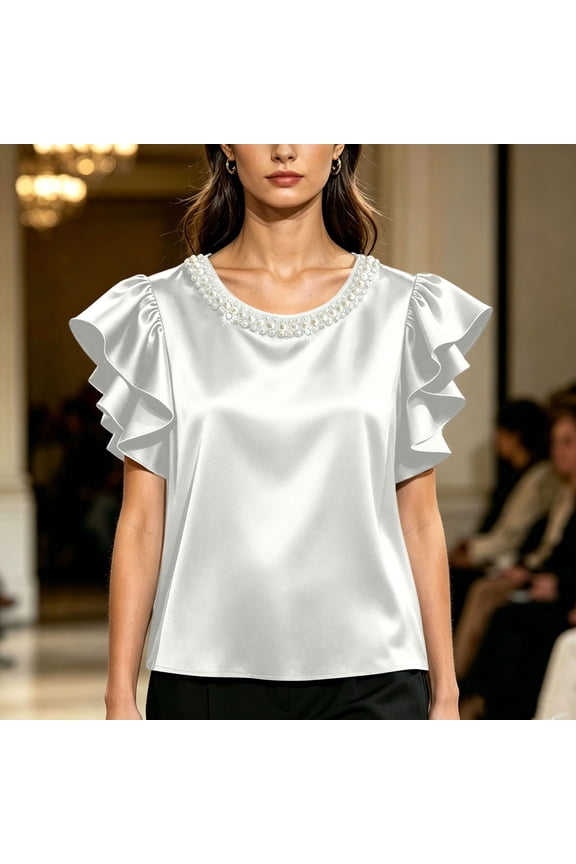 Women's Tops Summer French Pearl Satin Shirt Ruffled Pearl Collar Plus Size Fashion