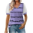 thumbnail image 1 of Women's Tops Summer Striped V Neck Jacquard Puff Short Sleeve Shirts Casual Loose Fit Comfortable Blouses (M, Purple), 1 of 4
