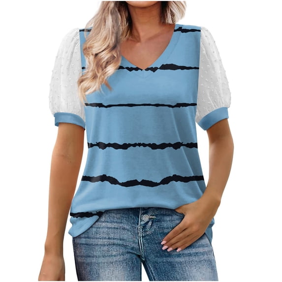 Women's Tops Summer Striped V Neck Jacquard Puff Short Sleeve Shirts Casual Loose Fit Comfortable Blouses (S, Light Blue)