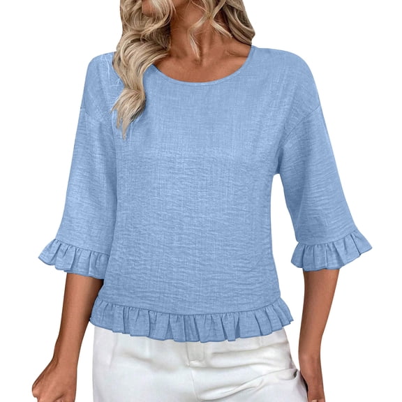 Women's Tops, Summer Tops for Seniors 3/4 Sleeve Tops Cute Lightweight Ruffle Sleeve Shirts Loose Fit Solid Color Daily Wear Blouses