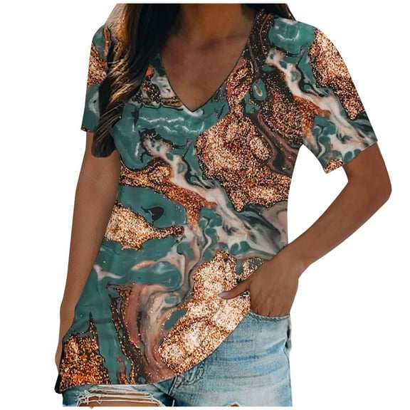 Women's Tops Summer Trendy V Neck Floral Short Sleeve Shirts Loose Fit Tunic Comfortable Breathable Blouses (3XL, Gold)