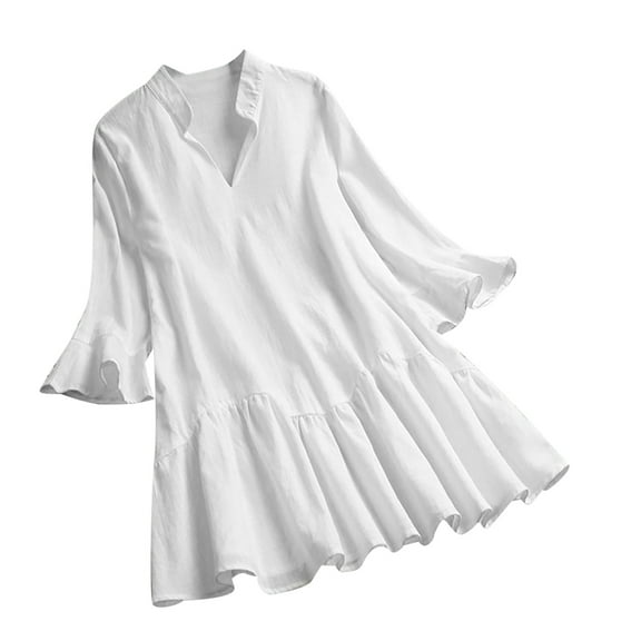 Women's Tops Summer Trendy V Neck Half Horn Sleeve Shirt Curved Hem Loose Flowy Comfortable Breathable Blouses (XL, White)