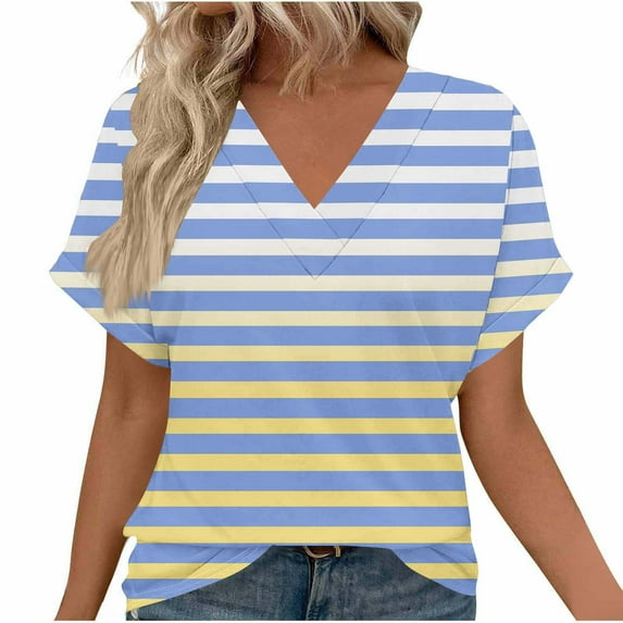 Women's Tops Summer Trendy V Neck Striped Short Sleeve T-Shirts Casual Loose Soft Comfortable Blouses (XL, Yellow)